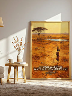 A Long Walk to Water( Linda Sue Park) watercolour print in frame leaning in hallway – young adult wall art