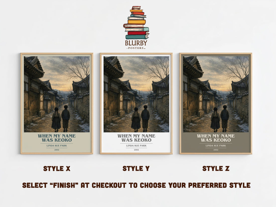 When my name was Keoko book cover print in frame leaning in hallway – historical fiction wall art (mockup)