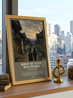 When my name was Keoko bookish print framed by window – literary home decor