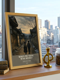 When my name was Keoko book cover print framed by window – literary home decor