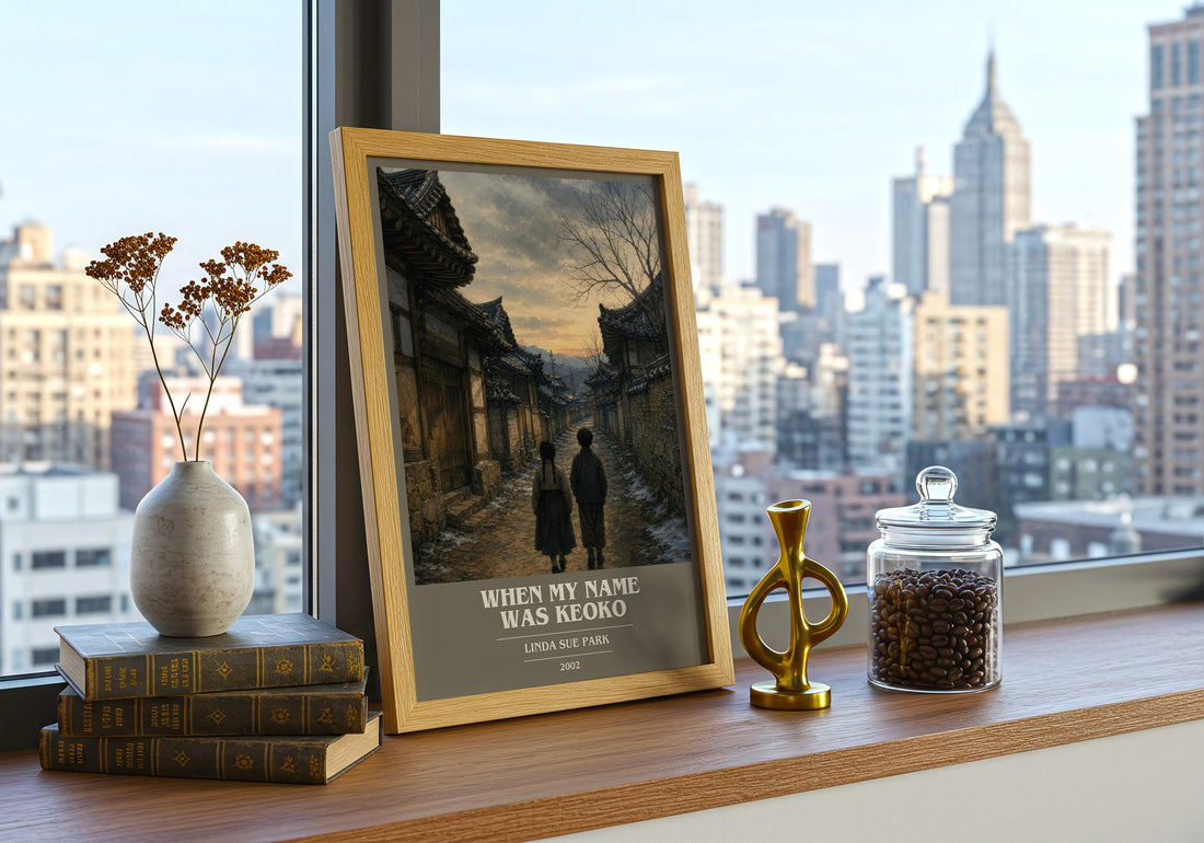 When my name was Keoko book cover print framed by window – literary home decor