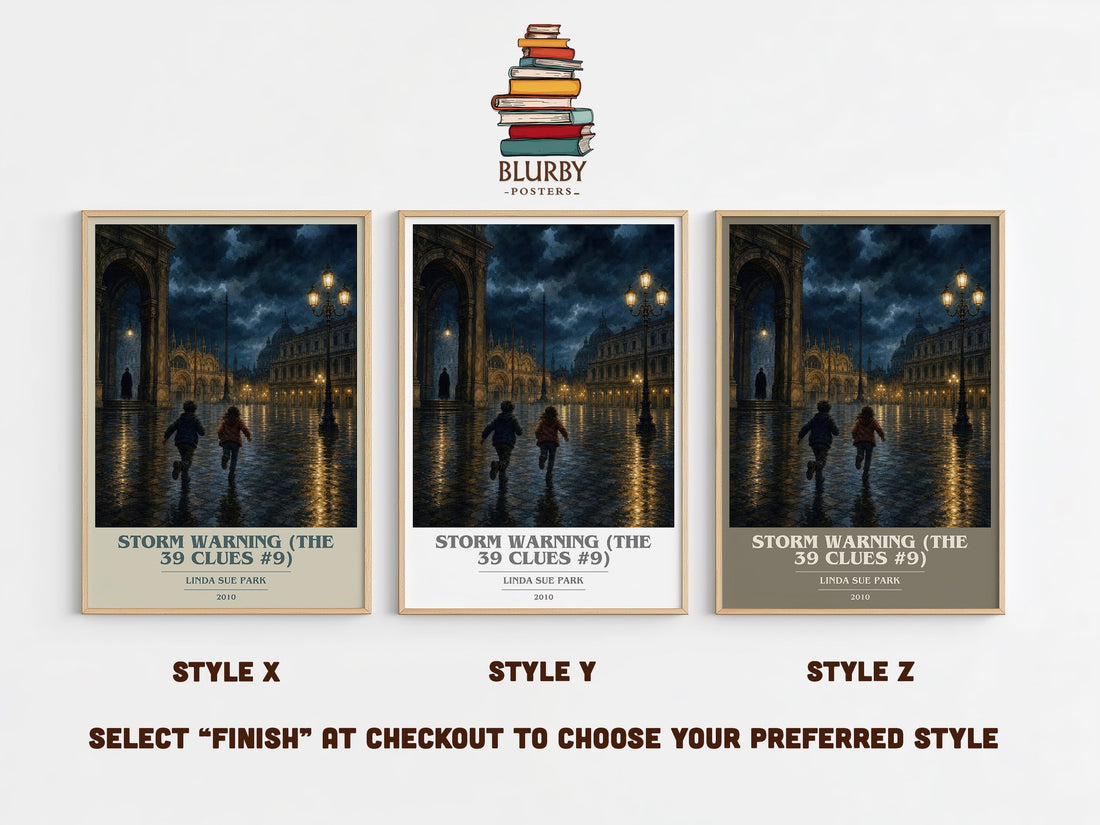 Storm Warning (The 39 Clues #9) book cover print in frame leaning in hallway – adventure wall art (mockup)