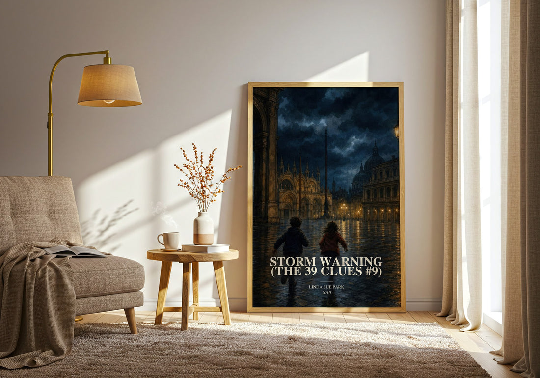 Storm Warning (The 39 Clues #9) watercolour print in frame leaning in hallway – adventure wall art