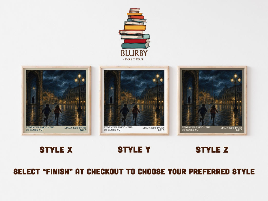 Storm Warning (The 39 Clues #9) literary print in frame leaning in hallway – adventure wall art (mockup)