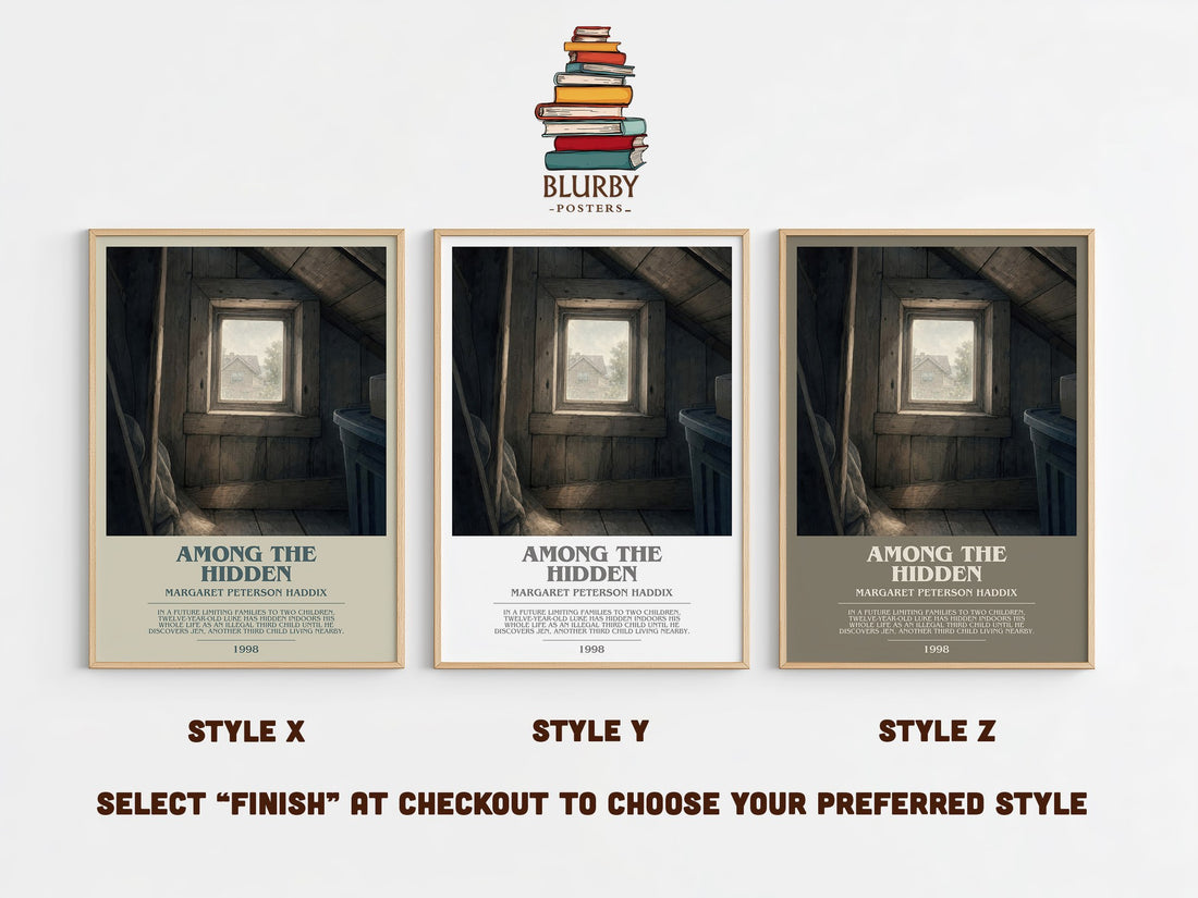 Among the Hidden bookish print in frame leaning in hallway – dystopian wall art (mockup)