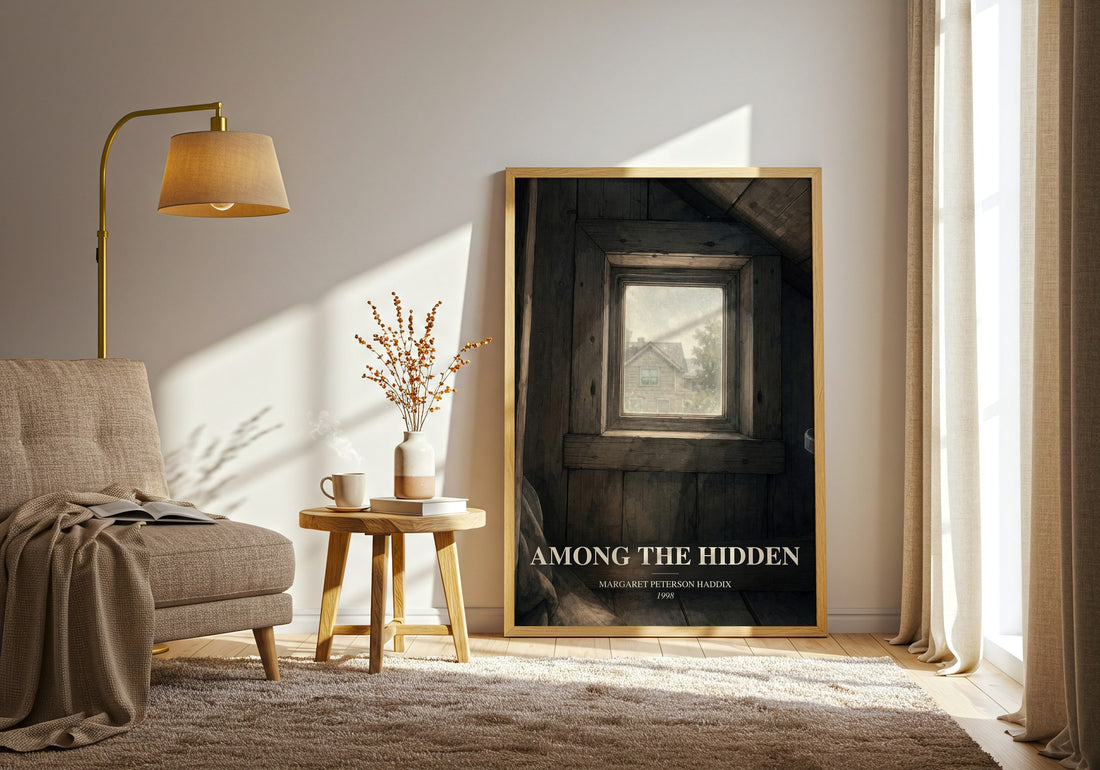 Among the Hidden watercolour print in frame leaning in hallway – dystopian wall art
