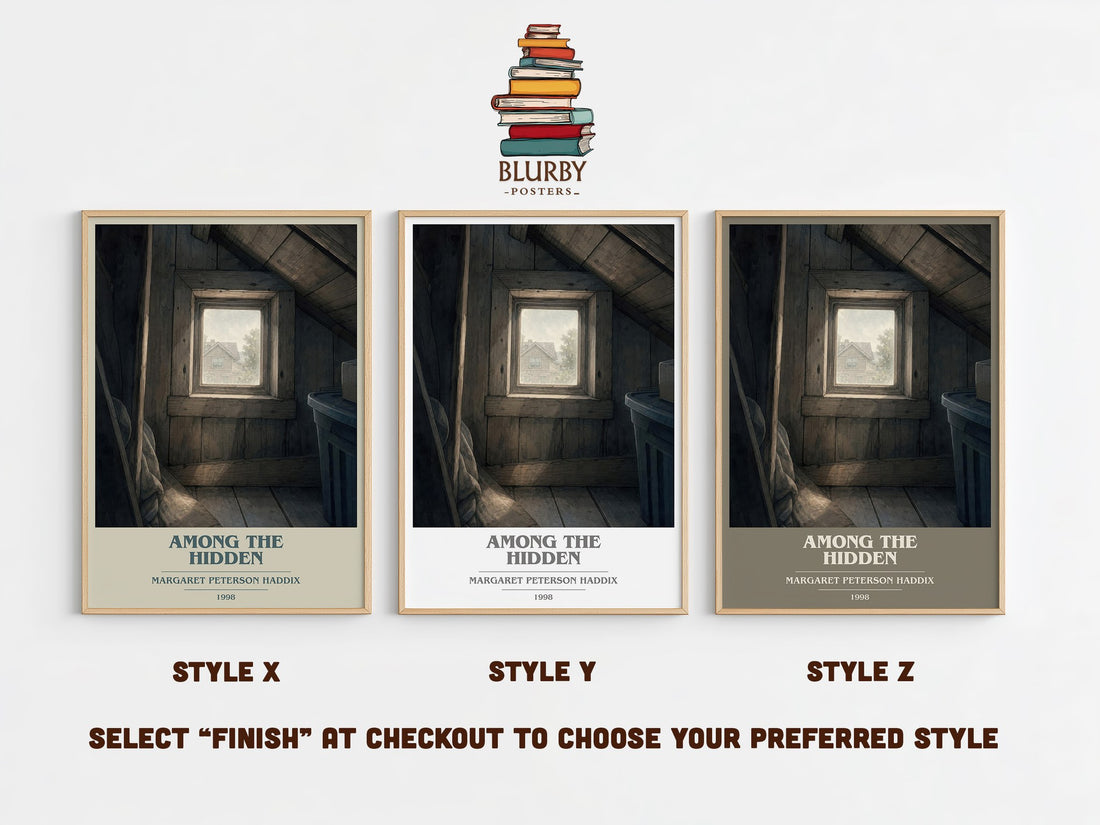Among the Hidden book cover print in frame leaning in hallway – dystopian wall art (mockup)