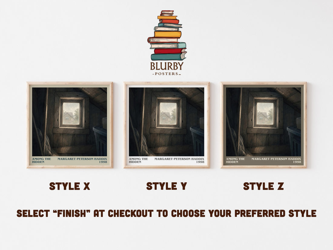 Among the Hidden literary print in frame leaning in hallway – dystopian wall art (mockup)
