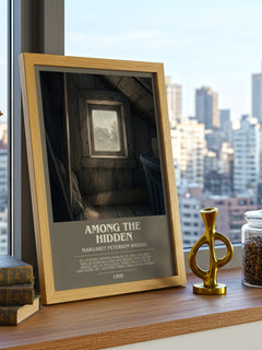 Among the Hidden bookish print framed by window – literary home decor