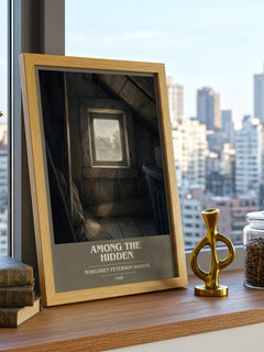 Among the Hidden book cover print framed by window – literary home decor