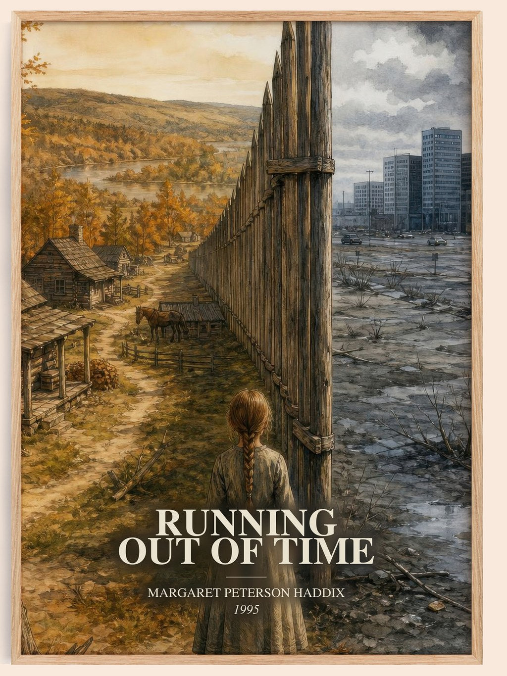 Running Out of Time watercolour book poster by Margaret Peterson Haddix – framed literary art print