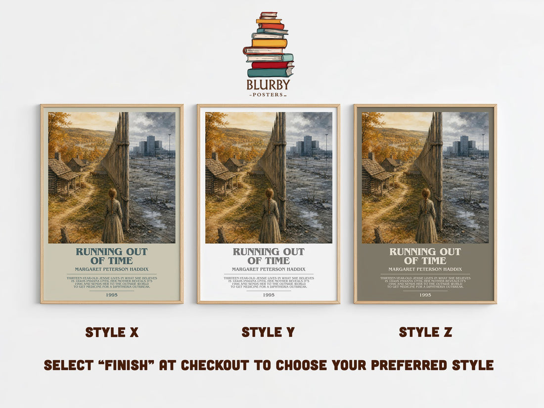 Running Out of Time bookish print in frame leaning in hallway – young adult wall art (mockup)