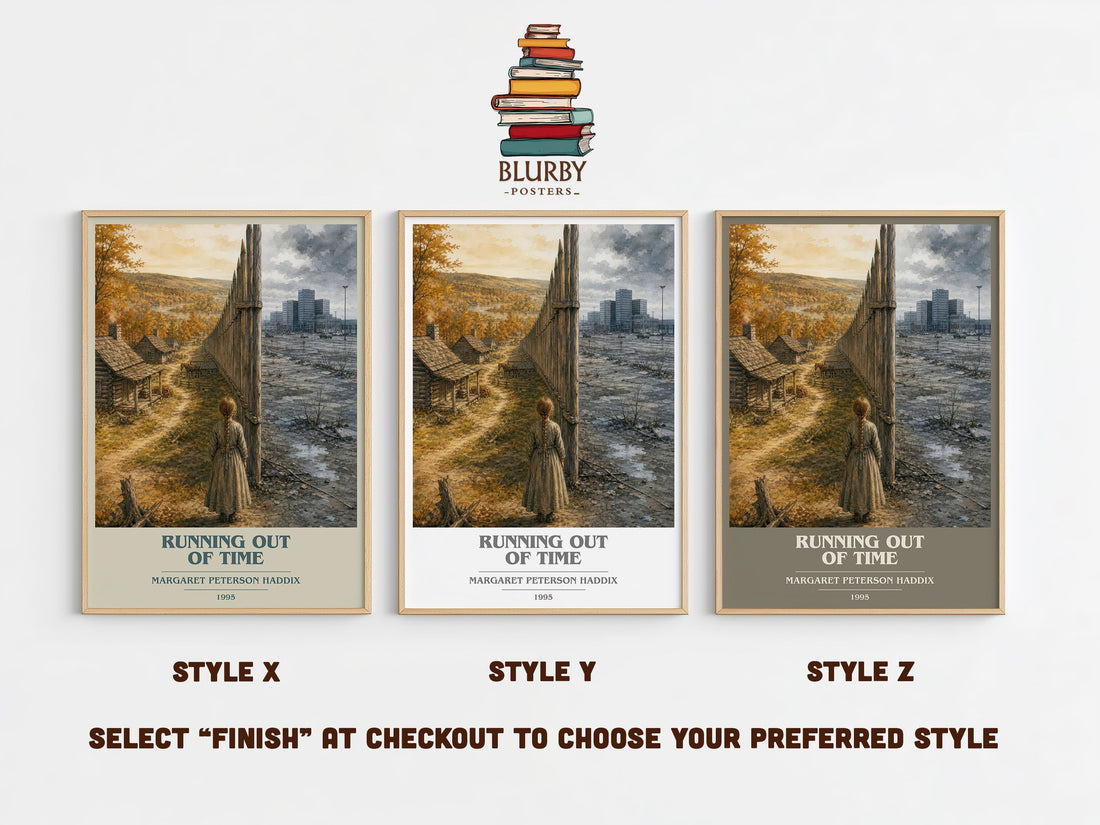 Running Out of Time book cover print in frame leaning in hallway – young adult wall art (mockup)