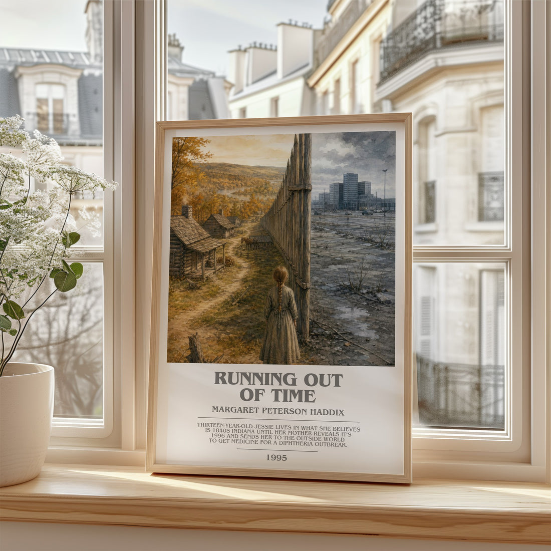 Running Out of Time bookish poster colour and style options – Margaret Peterson Haddix book art