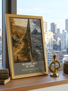 Running Out of Time book cover print framed by window – literary home decor