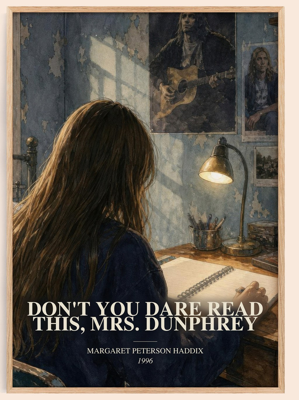 Don't You Dare Read This, Mrs. Dunphrey watercolour book poster by Margaret Peterson Haddix – framed literary art print