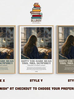 Don't You Dare Read This, Mrs. Dunphrey bookish print in frame leaning in hallway – young adult wall art