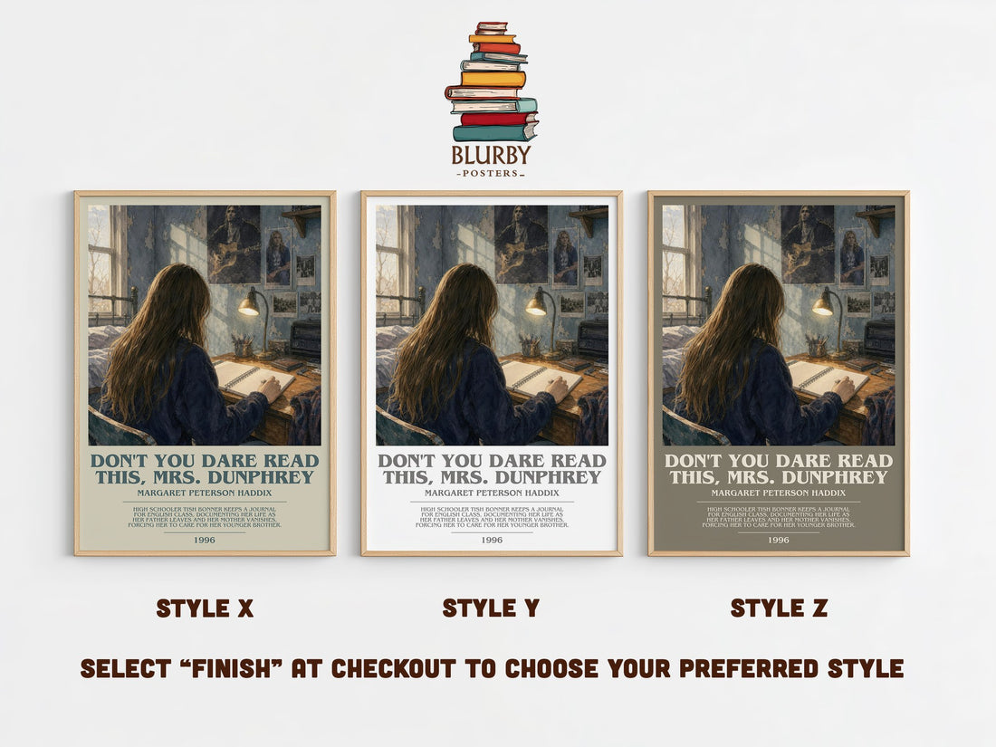 Don't You Dare Read This, Mrs. Dunphrey bookish print in frame leaning in hallway – young adult wall art (mockup)