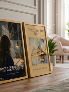 Don't You Dare Read This, Mrs. Dunphrey watercolour print framed by window – literary home decor