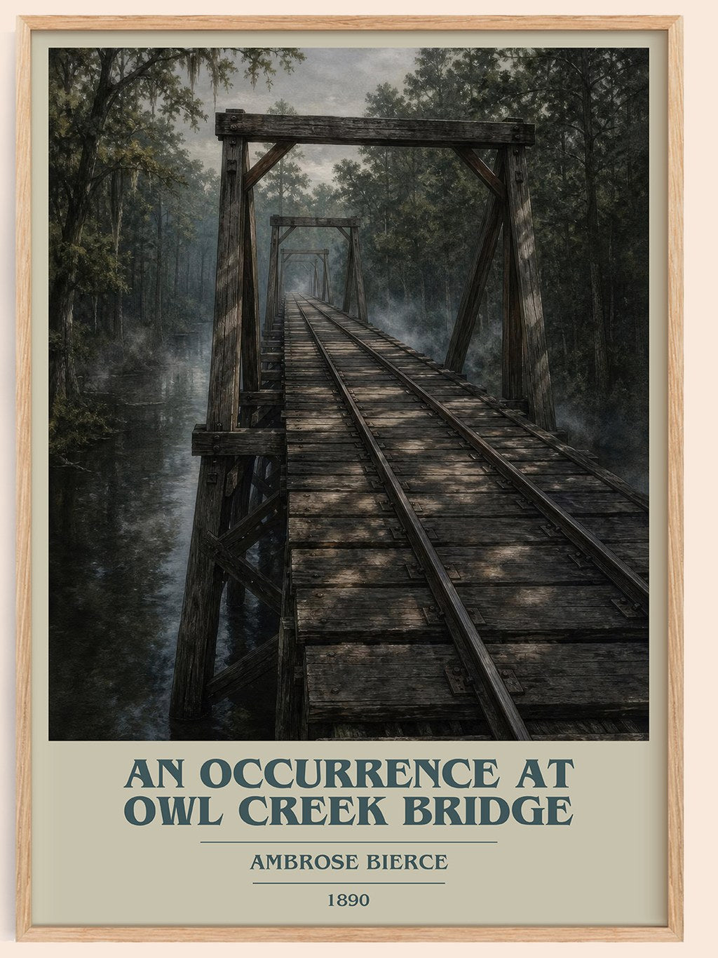 An Occurrence at Owl Creek Bridge book cover book poster by Ambrose Bierce – framed literary art print