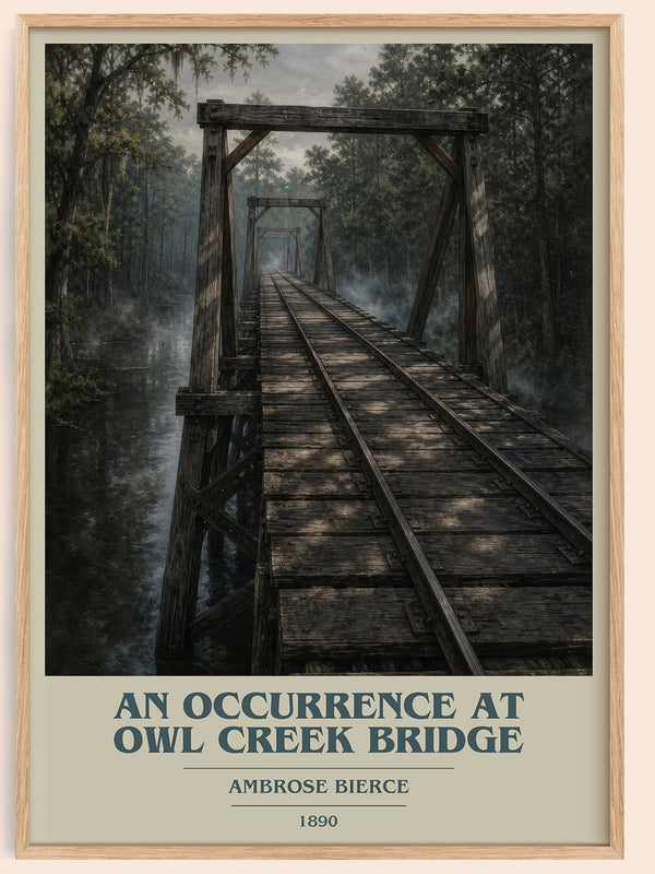 An Occurrence at Owl Creek Bridge book cover book poster by Ambrose Bierce – framed literary art print