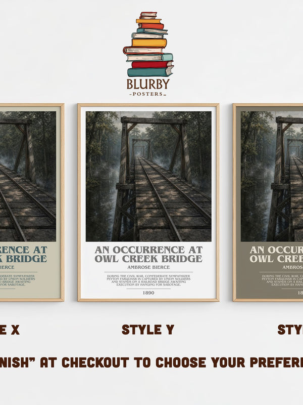 An Occurrence at Owl Creek Bridge bookish print in frame leaning in hallway – literary fiction wall art