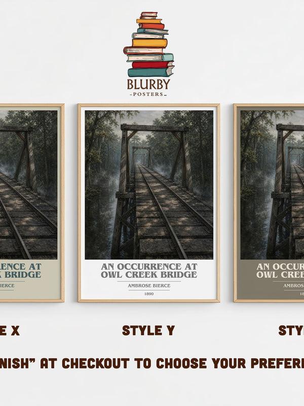 An Occurrence at Owl Creek Bridge book cover print in frame leaning in hallway – literary fiction wall art