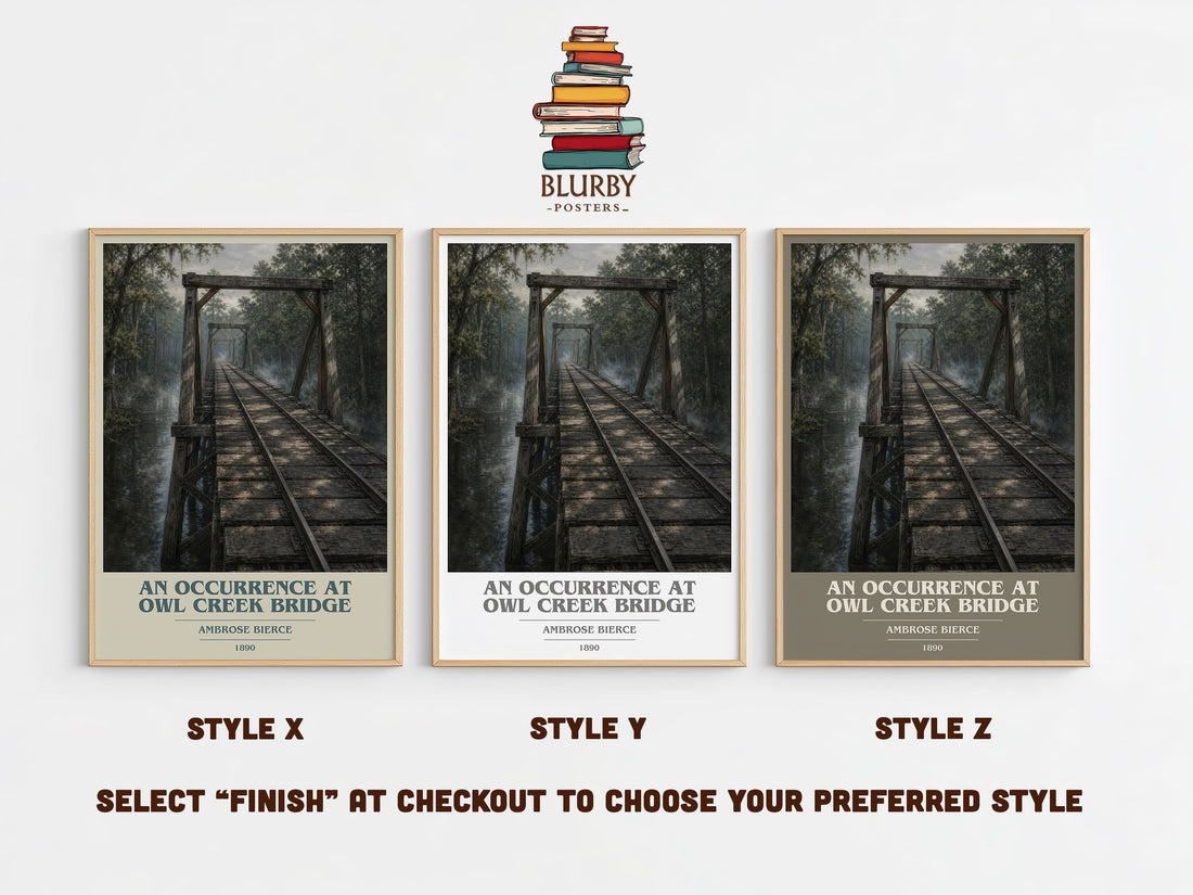 An Occurrence at Owl Creek Bridge book cover print in frame leaning in hallway – literary fiction wall art (mockup)