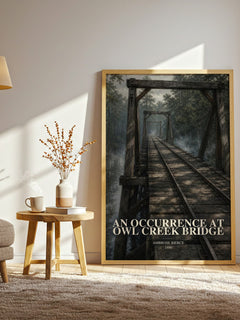 An Occurrence at Owl Creek Bridge watercolour print in frame leaning in hallway – literary fiction wall art