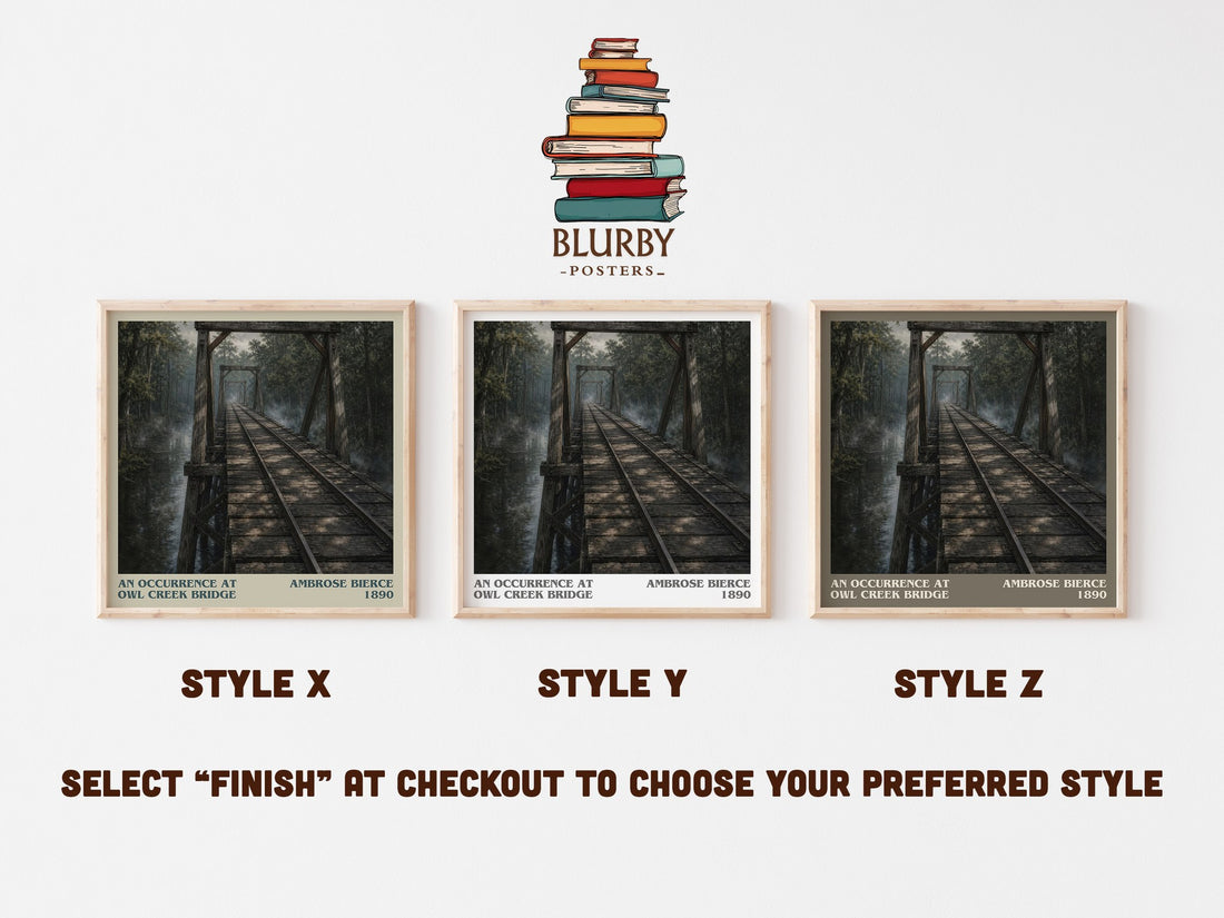 An Occurrence at Owl Creek Bridge literary print in frame leaning in hallway – literary fiction wall art (mockup)