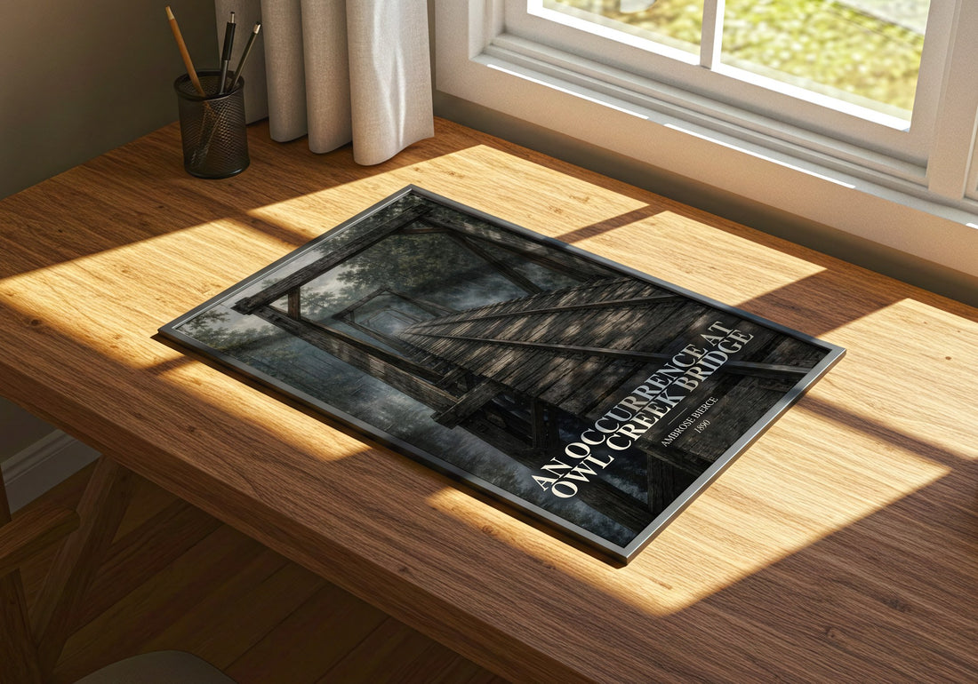 An Occurrence at Owl Creek Bridge watercolour book poster framed on wall – literary fiction wall art