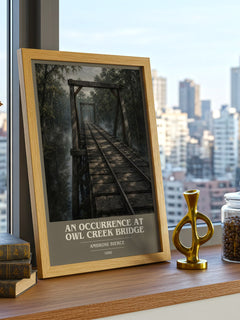 An Occurrence at Owl Creek Bridge book cover print framed by window – literary home decor