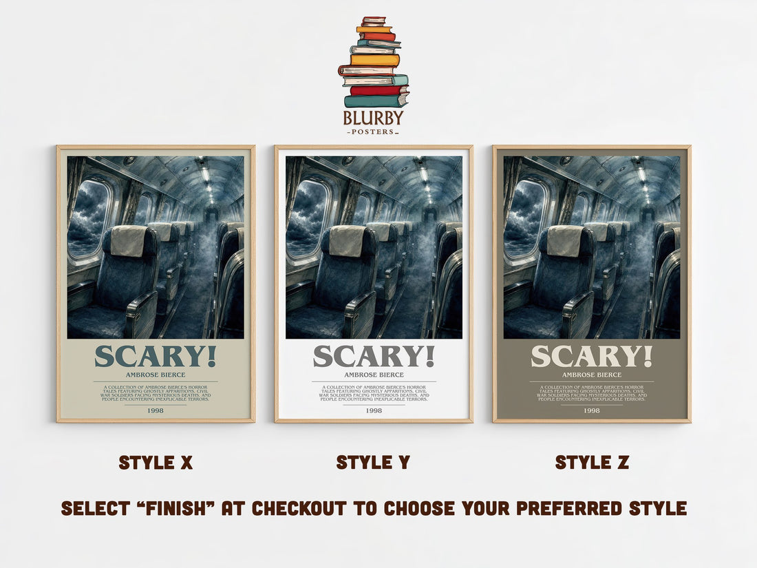 Scary! bookish print in frame leaning in hallway – horror wall art (mockup)
