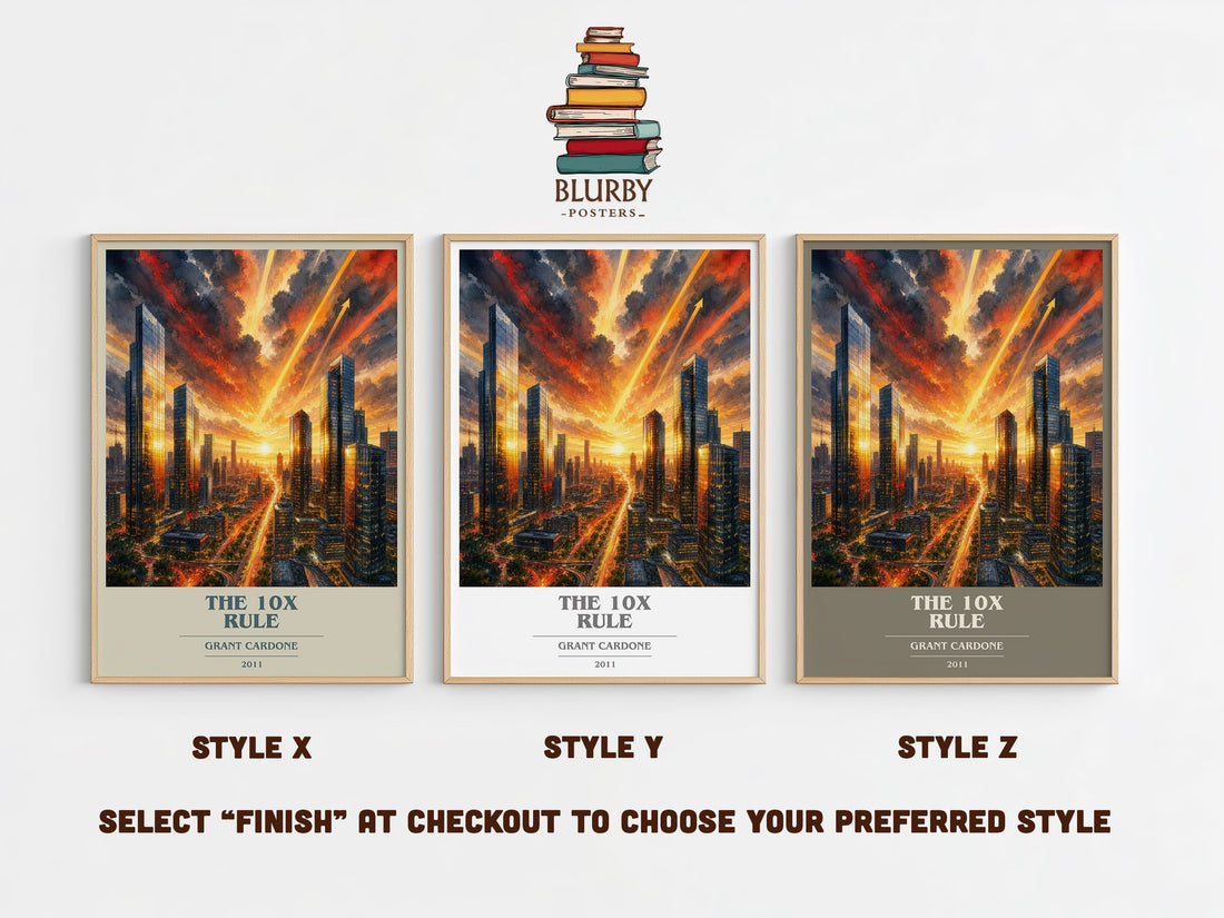 The 10x rule book cover print in frame leaning in hallway – non fiction wall art (mockup)