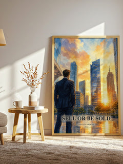 Sell or Be Sold watercolour print in frame leaning in hallway – non fiction wall art