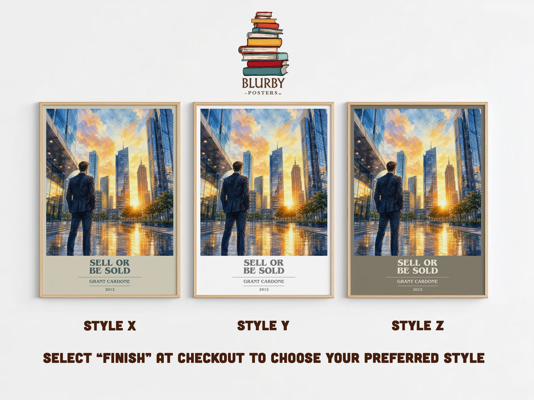 Sell or Be Sold book cover print in frame leaning in hallway – non fiction wall art (mockup)