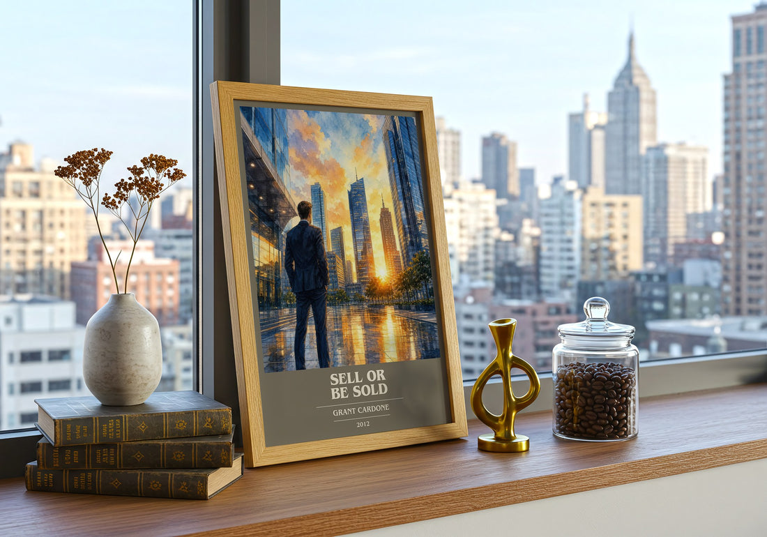 Sell or Be Sold book cover print framed by window – literary home decor