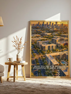 How to Create Wealth Investing in Real Estate watercolour print in frame leaning in hallway – non fiction wall art