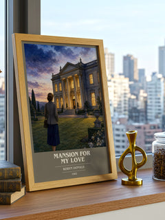 Mansion for My Love book cover print framed by window – literary home decor