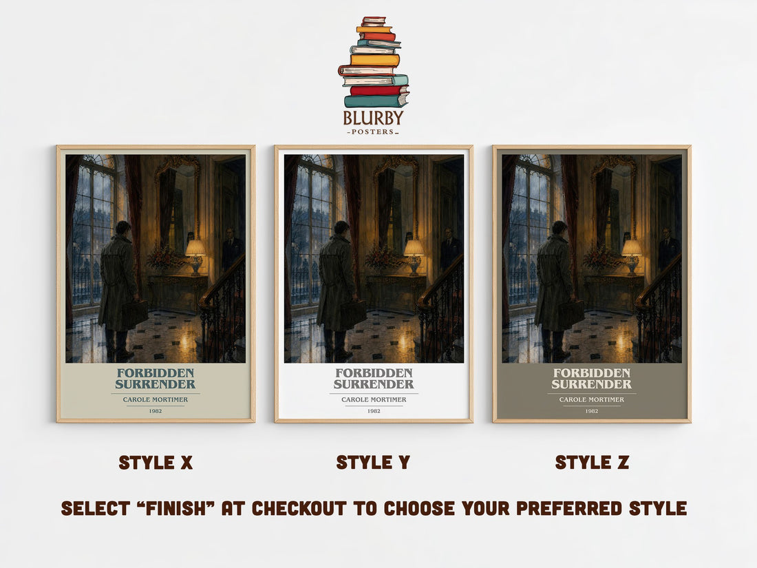 Forbidden Surrender book cover print in frame leaning in hallway – romance wall art (mockup)