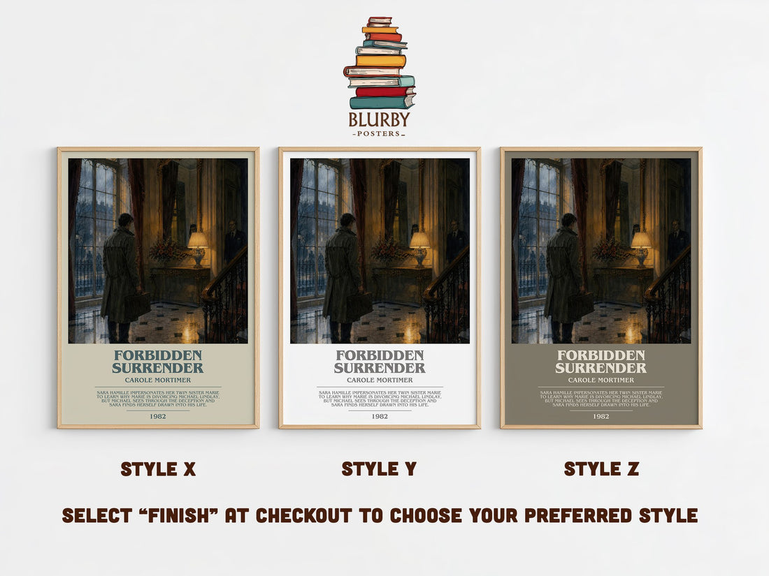 Forbidden Surrender bookish print in frame leaning in hallway – romance wall art (mockup)