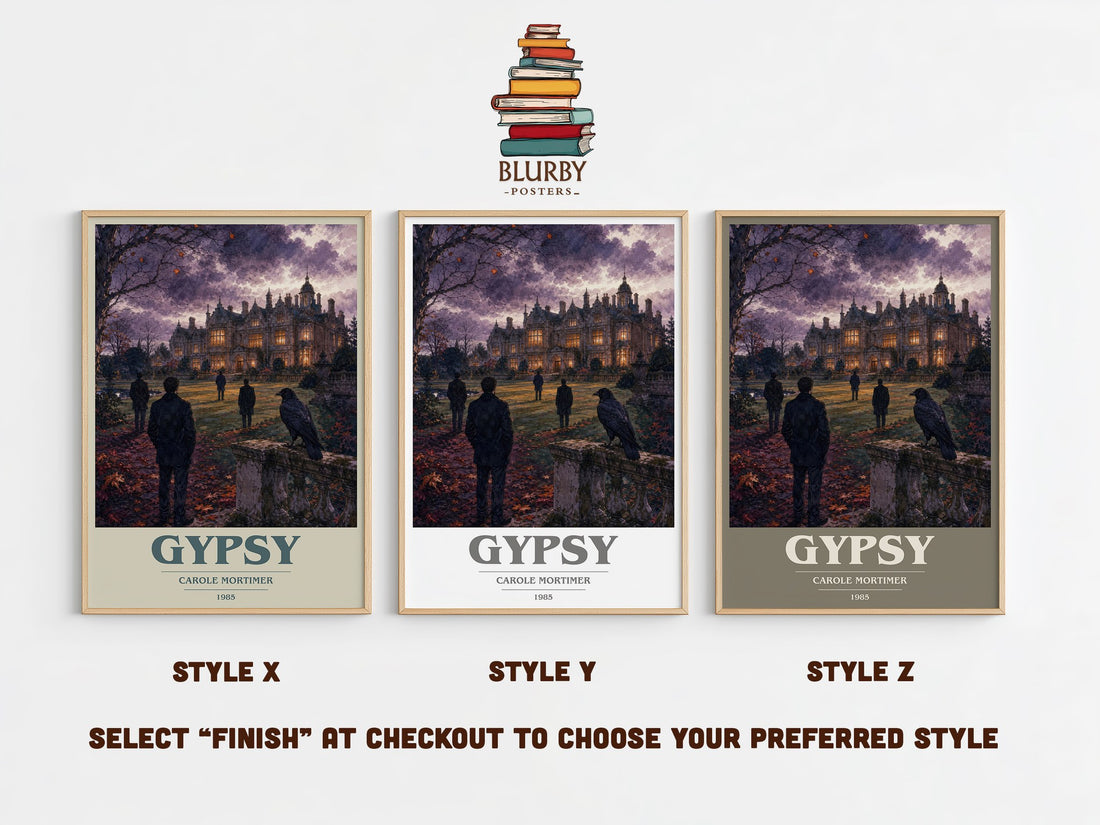 Gypsy book cover print in frame leaning in hallway – romance wall art (mockup)
