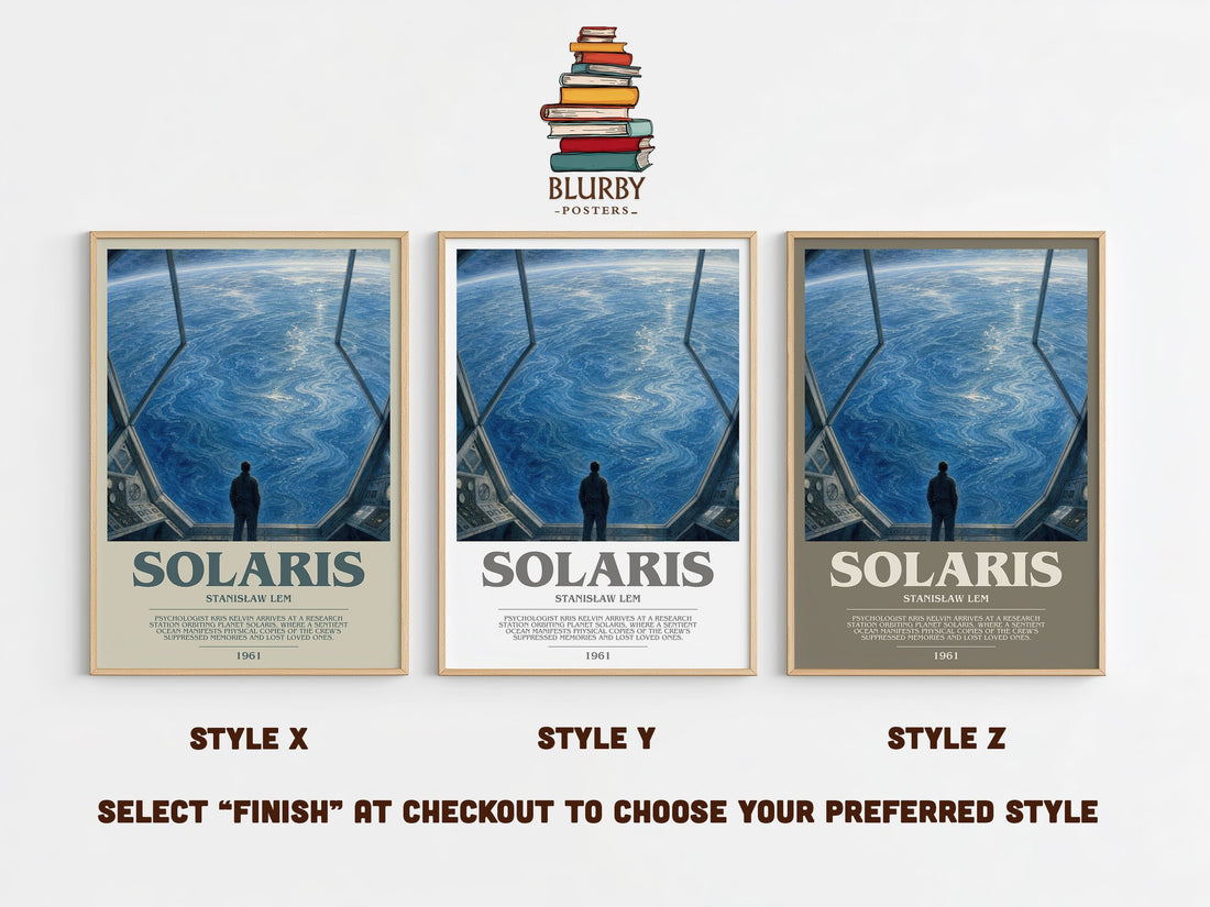 Solaris bookish print in frame leaning in hallway – sci fi wall art (mockup)