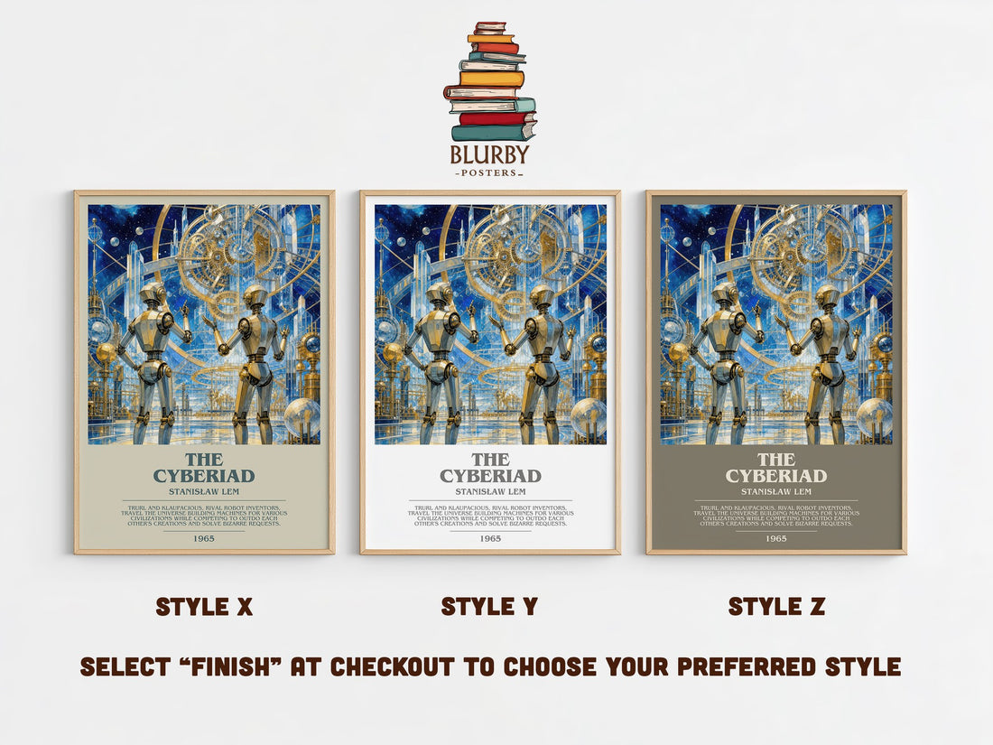 The Cyberiad bookish print in frame leaning in hallway – sci fi wall art (mockup)