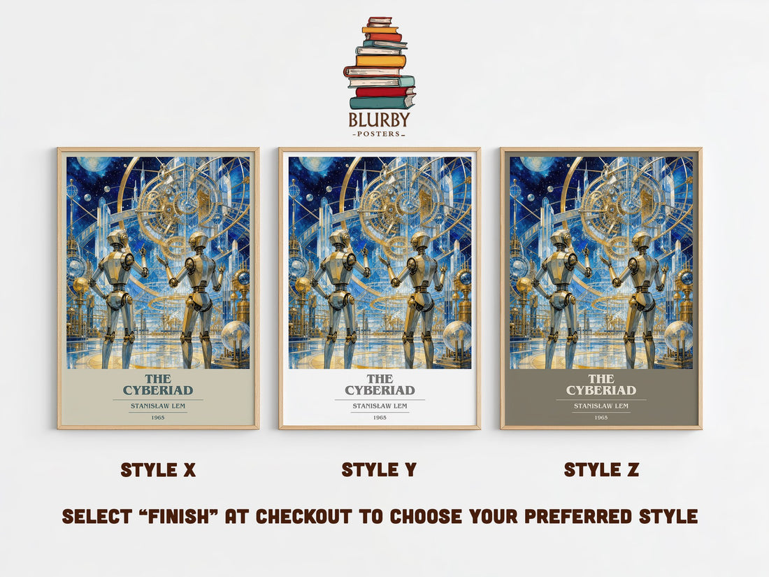 The Cyberiad book cover print in frame leaning in hallway – sci fi wall art (mockup)
