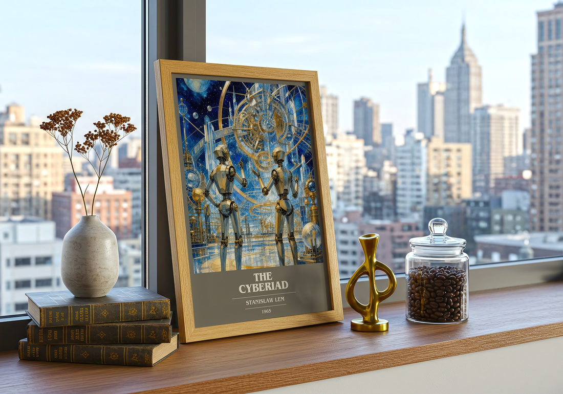 The Cyberiad book cover print framed by window – literary home decor