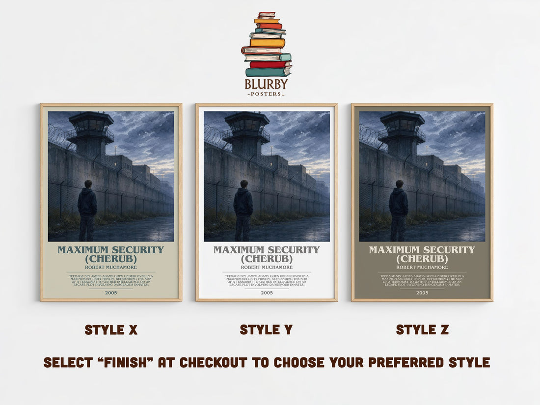 Maximum Security (CHERUB) bookish print in frame leaning in hallway – young adult wall art (mockup)