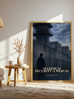 Maximum Security (CHERUB) watercolour print in frame leaning in hallway – young adult wall art