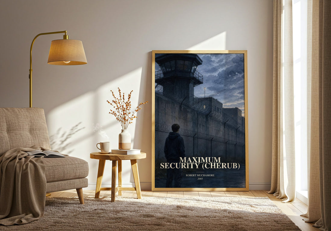 Maximum Security (CHERUB) watercolour print in frame leaning in hallway – young adult wall art