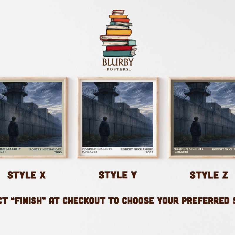 Maximum Security (CHERUB) literary print in frame leaning in hallway – young adult wall art